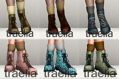 six pairs of boots with different colors and patterns on them, all in different sizes