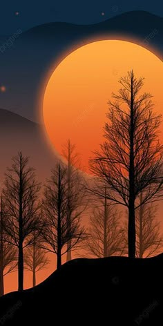 the sun is setting behind some trees on a hill with hills in the background and stars above