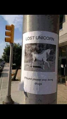 a post with a sign on it that says lost unicorn