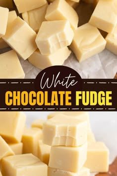 white chocolate fudge is cut into cubes and placed on top of each other