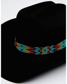 Genuine leather Beaded accents Patterns For Seed Bead Hat Brims, Beaded Hats, Mens Holiday Shirts, Bead Headband, Loom Designs, Black Hold, Beaded Hat Bands, Beaded Patterns, Leather Jewelry Making