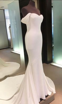 Off Shoulder Backless White Cheap Mermaid Long Spandex Prom Dresses White Prom Dress Mermaid, Ivory Prom Dresses, Mermaid Evening Gown, Simple Prom Dress, White Prom Dress, Chapel Train, Cheap Prom Dresses, Mermaid Prom Dresses, Long Prom Dress