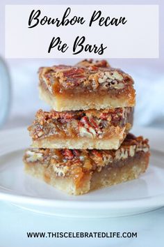 three pieces of pecan pie bars stacked on top of each other with text overlay