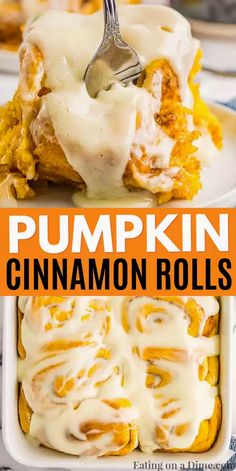 pumpkin cinnamon rolls with cream cheese frosting in a white baking dish and on a plate