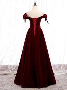 Optional item you can write in order notes: 1. Add Slit; 2. Change from corset to zip on back; 3. change designs on neckline / back / sleeves. For any other customization request, please directly contact us in CHAT Princess off-the-shoulder velvet prom dress for mini wedding, wedding guest, reception and other formal events. Dress photos is only for your reference on design. Colors can be changed according to your needs. If you want to choose other colors on swatch, please select "Other Colors" Winter Evening Dresses, White Prom Dress Long, Burgundy Prom Dresses, Backless Formal Dresses, Burgundy Prom, Bow Sash, A Line Prom Dress, Velvet Prom Dress, Winter Evening