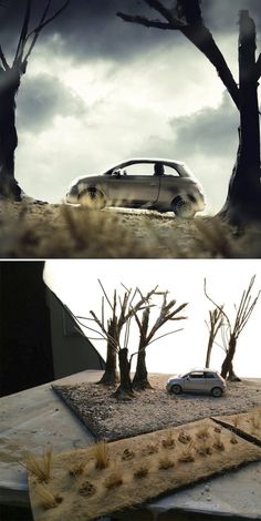 two pictures with trees and a car in the middle one has no leaves on it