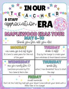 a poster with the words in our teacher appreciation era and an image of a disco ball