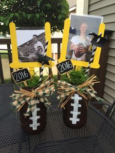 two football themed centerpieces for a high school graduation party