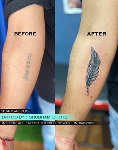 before and after photos of a tattoo on the left arm with an inked feather