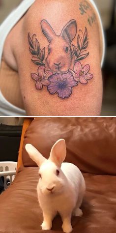 two pictures one with a rabbit and the other with flowers on it's arm