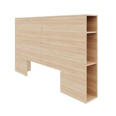 a wooden shelf with two shelves on one side and an open drawer on the other