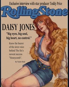 an advertisement for rolling stone magazine featuring a woman with long red hair sitting on the floor