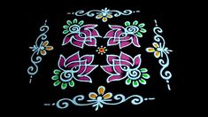 a black background with white and pink flowers painted on the side of it, in different colors