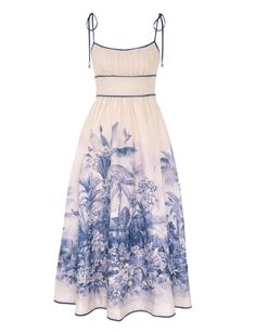 Wylie Picnic Dress Blue Palm Online | Zimmermann How To Style A Maxi Dress, Placement Print, Picnic Dress, Zimmermann Dress, Aline Skirt, Linen Midi Dress, Resort Dresses, Linen Mini Dress, Feather Dress