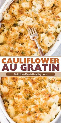 cauliflower au gratin in a white casserole dish with a fork