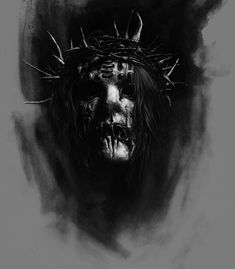 a black and white drawing of a skull wearing a crown of thorns on its head