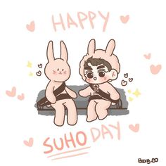 two cartoon bunnies sitting next to each other with the words happy suho day