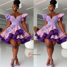 two pictures of a woman in purple and pink dresses, one is wearing high heels