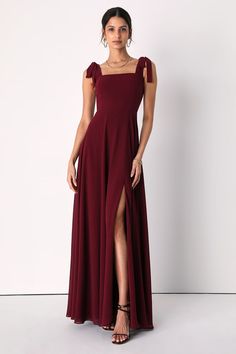 Stylish Bridesmaid Dresses | Shop Maid of Honor Dresses - Lulus Deep Red Bridesmaid Dresses Winter, Maid Of Honor Fall Dresses, Cute Long Formal Dresses, Burgundy Dresses Prom, Burgundy Bridal Dress, Dress For Medium Size Woman, Square Dress Neckline, Burgundy Prom Dress With Sleeves, Maroon Bridesmaid Dresses Burgundy