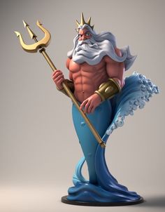 a statue of a man with a hammer and a mermaid tail, holding a staff