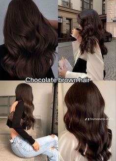 Hair Color Ideas Dark Brown Highlights, Hershey Chocolate Hair Color, Dark Brown Solid Hair Color, What Color Hair For Brown Eyes, Dark Brown Hair Color Inspiration, Soft Chocolate Hair Color, Long Dark Brown Wavy Hair Natural, Glazed Chocolate Brown Hair, Pretty Hair Colors For Brunettes