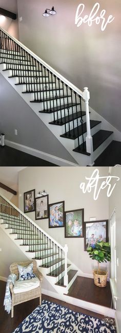 before and after photos of a staircase in a house with pictures on the wall above it