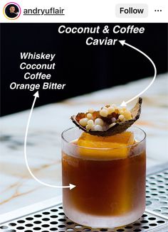 an image of a drink with ingredients labeled in the top right corner and bottom left corner