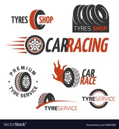 tire shop logos and emblems for cars, tires on white background with red lettering