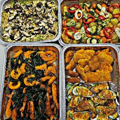 four trays filled with different types of food on top of a table next to each other