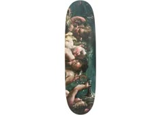 a skateboard with an image of the creation of adam and eve painted on it