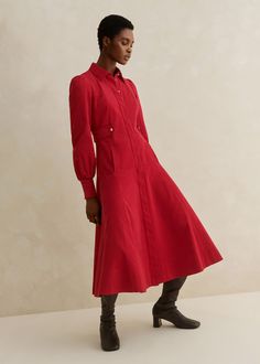 Fluid Cord Gold Button Midi Shirt Dress | ME+EM Stretch Leather Boots, Layered Shirts, Checked Scarf, Fashion Me, Red And Orange, Shearling Coat, Midi Shirt Dress, Knitwear Tops, Maxi Dress With Sleeves