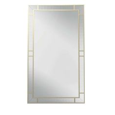 a white and gold framed mirror on a wall with a light reflection in the middle