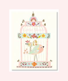 a pink bird in a cage with flowers and butterflies on it's head is shown