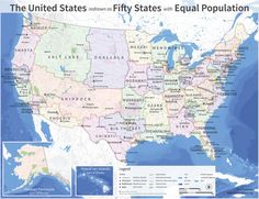 a map of the united states with equal populations and major cities in each country