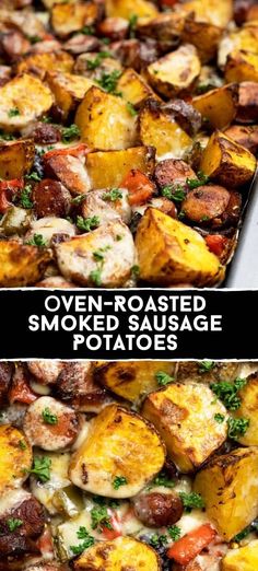 oven roasted smoked sausage potatoes with parsley on top and an image of the same side dish