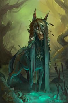 a painting of a horse with horns on it's head standing in the woods