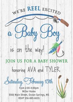 a baby boy shower is on the way with fishing themed items in blue and green