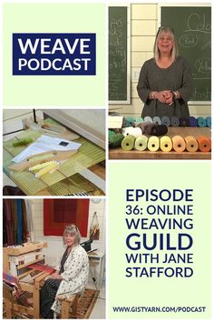 a woman sitting in front of a blackboard with yarn on it and the words weave podcast