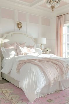 a white bed sitting in a bedroom next to a pink rug and a chandelier