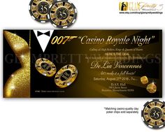 an elegant casino event ticket with gold and black decorations on the front, and two golden numbers