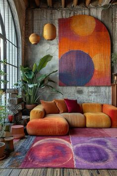 a living room filled with lots of colorful furniture