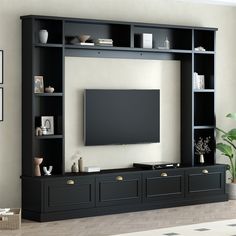 a living room with black entertainment center and large screen tv on the wall, in front of a plant