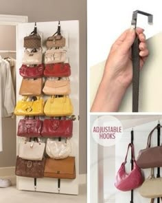 there are many purses and handbags hanging on the hooks in this closet,