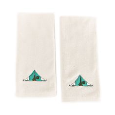 two white towels with blue tents on them