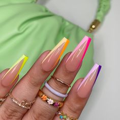 Neon Tip Nails Coffin, Pastel Nails Black Women, Vibrant Summer Nails Coffin, Nail Designs Tips Only Ideas, Pink Powder French Tip Nails, Multi Colored French Tip Nails Coffin, Summer Nails 2023 Color Trends Long, Summer Birthday Nails Coffin, Nails With White Acrylic