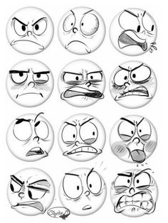 cartoon faces drawn in pencil on white paper with black and white lines, including one angry face