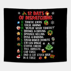 twelve days of dispatching poster on a black background with christmas decorations and other items