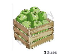 a crate filled with green apples sitting on top of each other in front of a white background