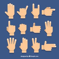 various hand gestures with shadow on blue background