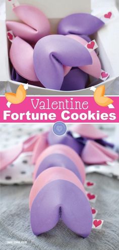 valentine's day fortune cookies in a box with pink and purple frosting on top